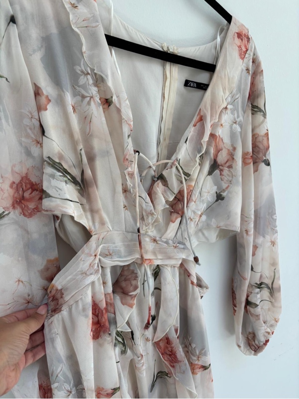 Zara Blush Floral Wrap Dress with Green Accents